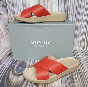 VIONIC Cherry Red Hayden Criss Cross Leather Wedge Sandals New Womens 8.5 Wide